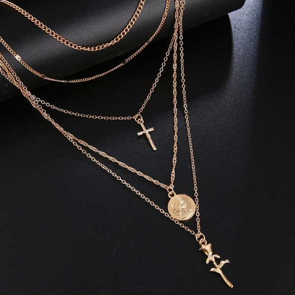 NEW Dainty multi-layer rose & cross charm necklace - Picture 2 of 5
